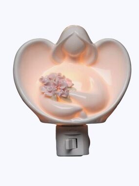 Porcelain White Angel Plug In Night Light With Pink Flowers